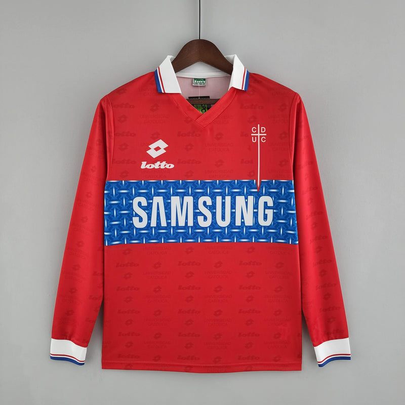 Camiseta de visitante de la Universidad Católica (2) Camiseta retro de manga larga Lotto 1996 para hombre